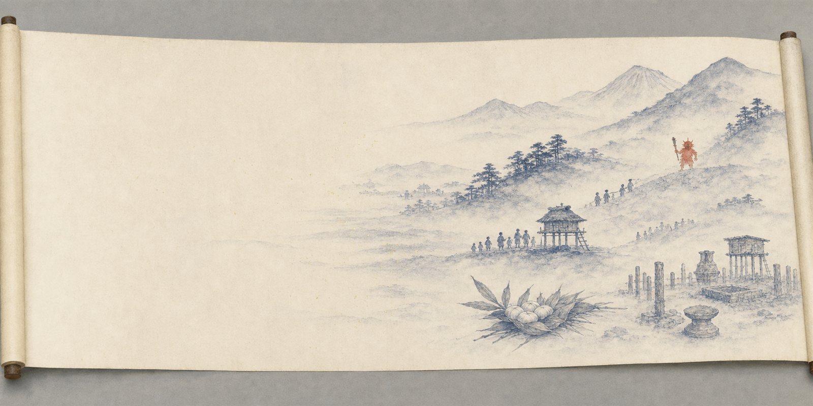 開かれた絵巻物。右に霧の古代の山と小さな朱の鬼の物語が描かれ、左へ向かうにつれ絵が薄れ、和紙そのものになっていく