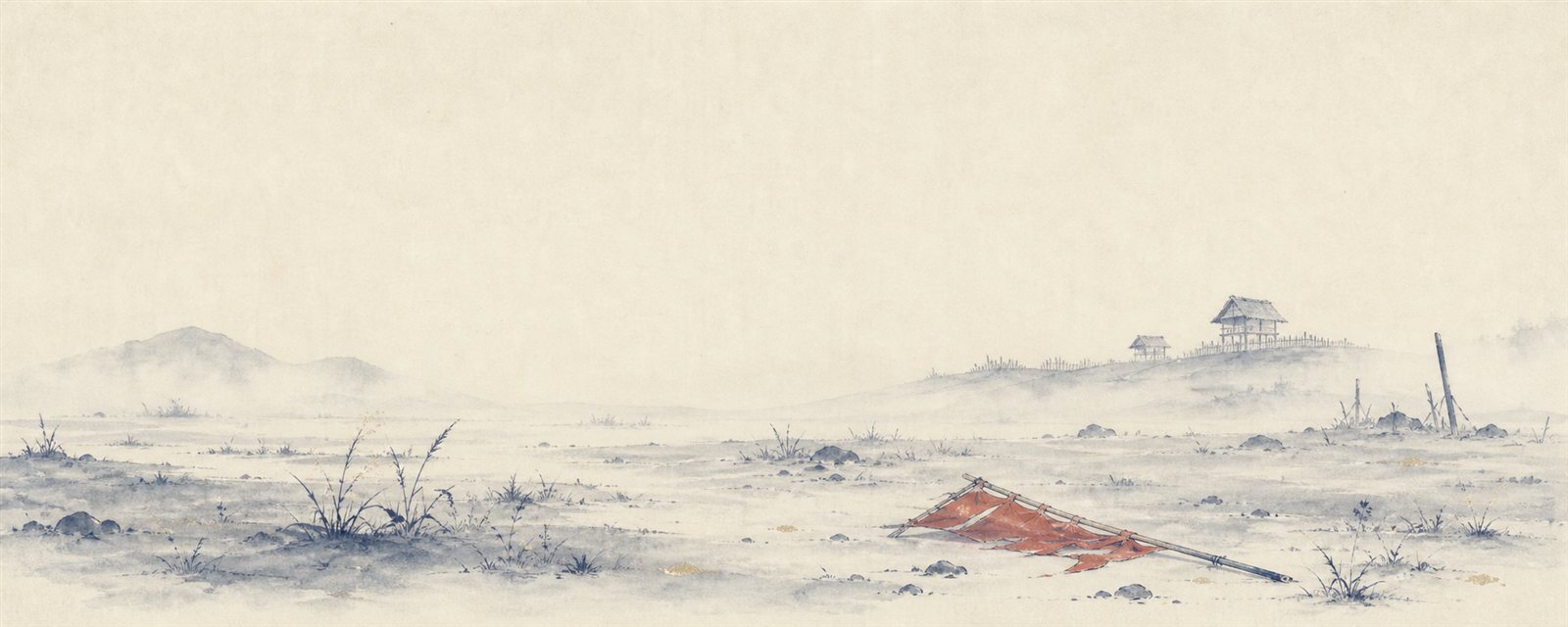 戦いのあとの静まりかえった霧の野。地に倒れた朱の旗がひとつ。人はいない