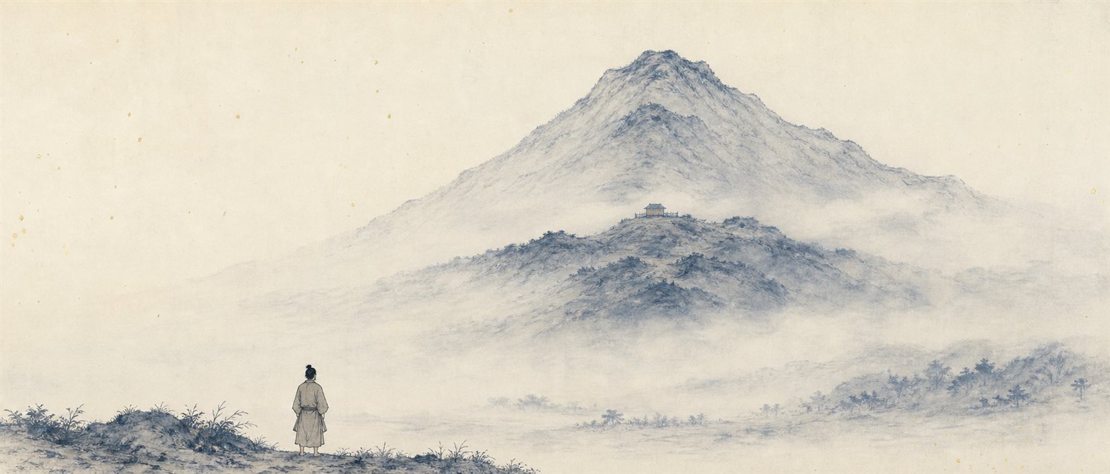 ふもとから仰ぐ大きな山。中腹に古代の素朴な宮の小さな灯