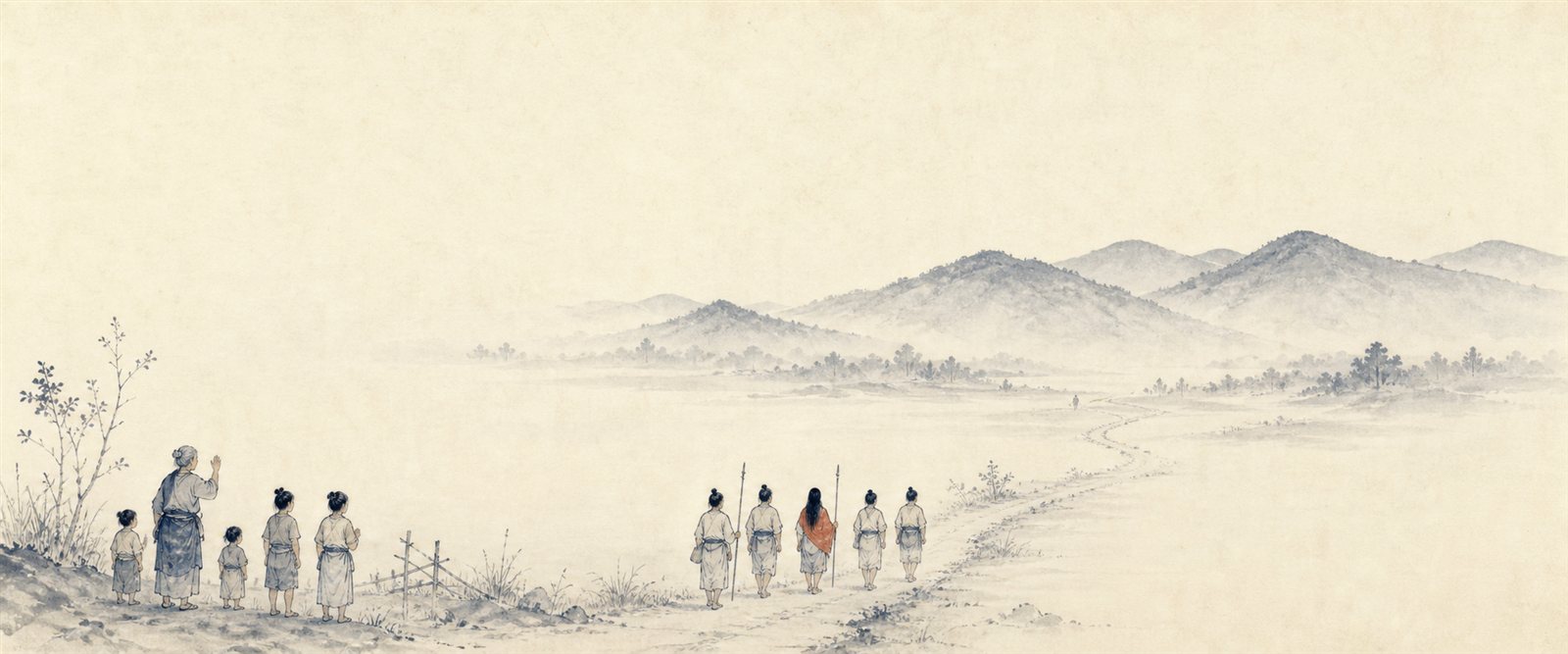藍の山並みの彼方へ続く道。都へ向かって小さくなる姫の影
