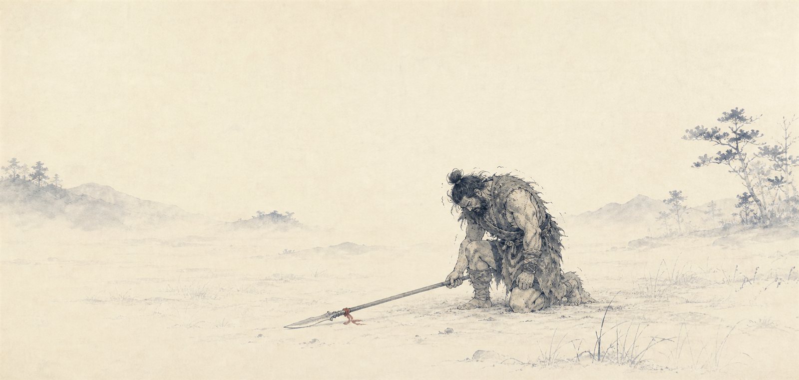 美豆良に革甲をまとった大柄な古墳前期の武人（石蟹）が、霧の野で矛を取り落としかけ、膝を落とす。強者なのに震えて戦えない