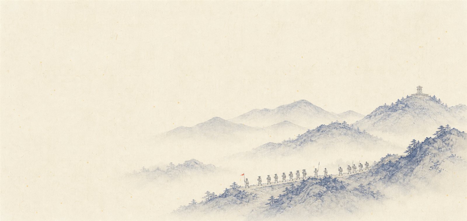 藍の山々を越えていく古代の旅の一行を、遠景でごく小さく