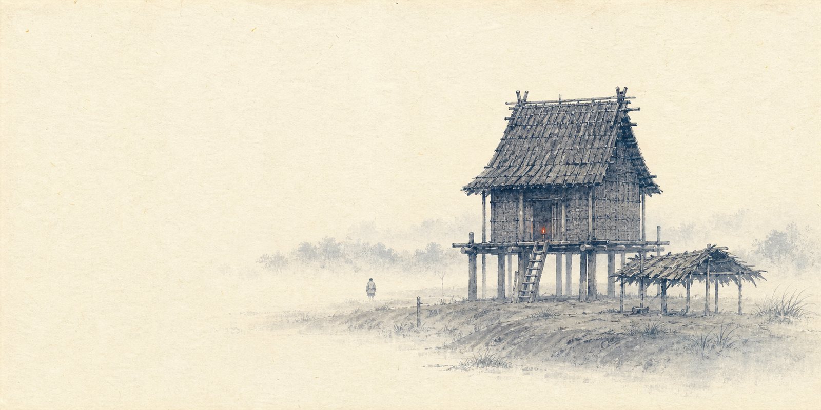 掘っ立て柱に木の皮で葺いた古代の素朴な宮。傍らに木の葉でしのぐお供の小屋