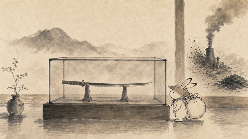 博物館のガラスケース越しに太刀を見上げる白いうさぎの水彩イラスト