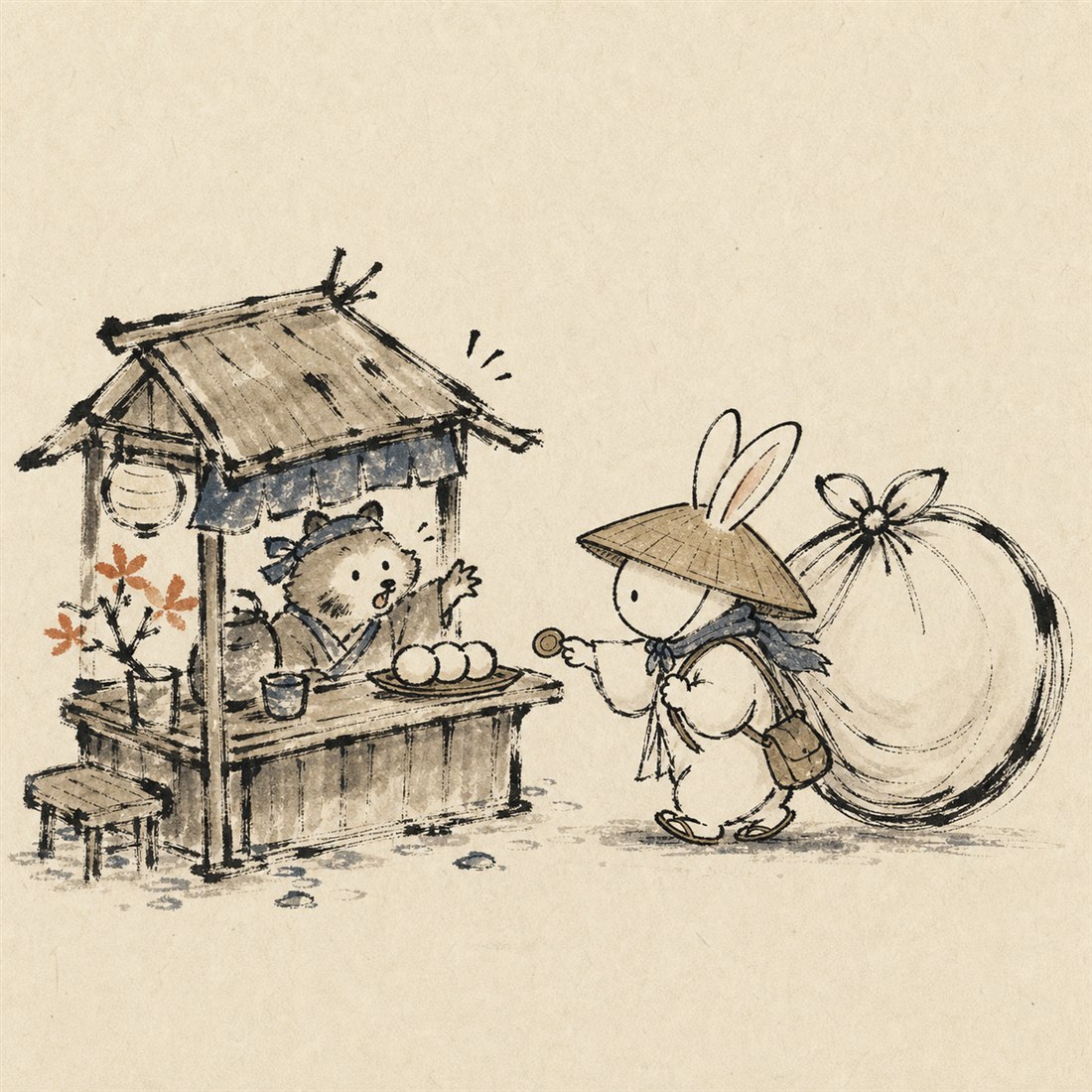 旅のうさぎが茶屋でたぬきの店主から団子を買う戯画