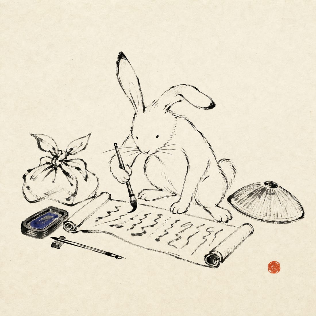 巻物に筆で旅の記録を書きつける旅うさぎの戯画