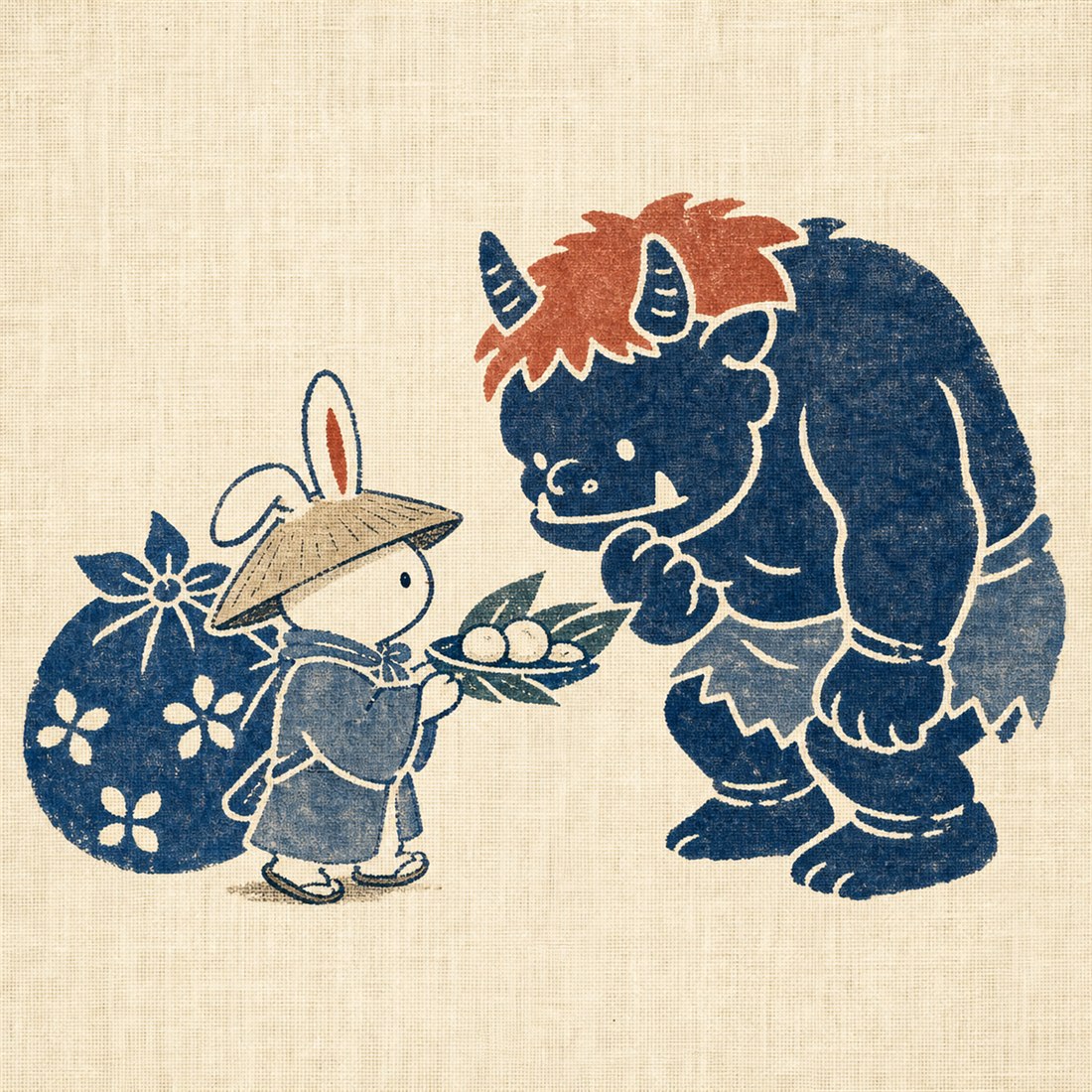 うさぎが鬼に笹団子を差し出す型染め風の絵