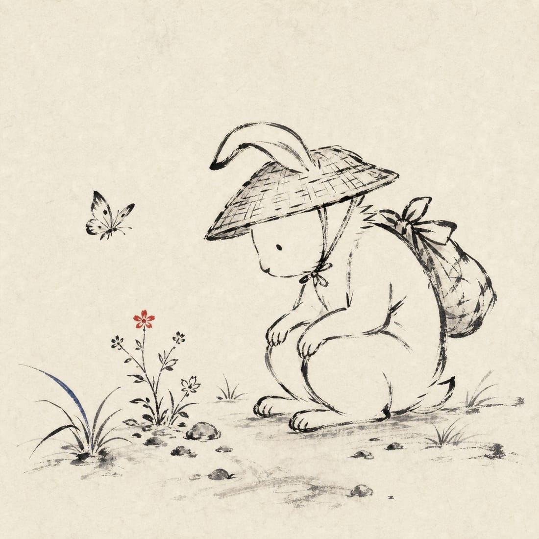 道端でしゃがんで草花を覗き込む旅うさぎの戯画