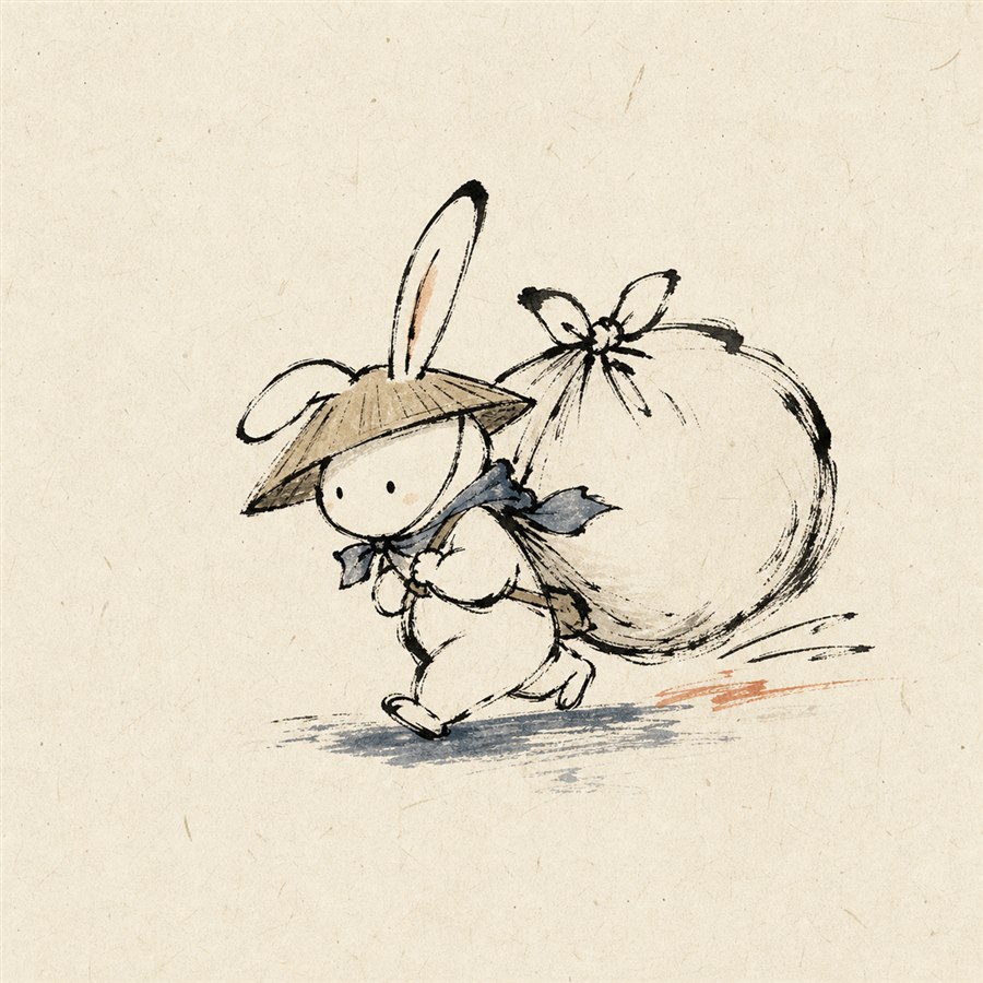大きな風呂敷を背負って旅をする白うさぎの墨絵